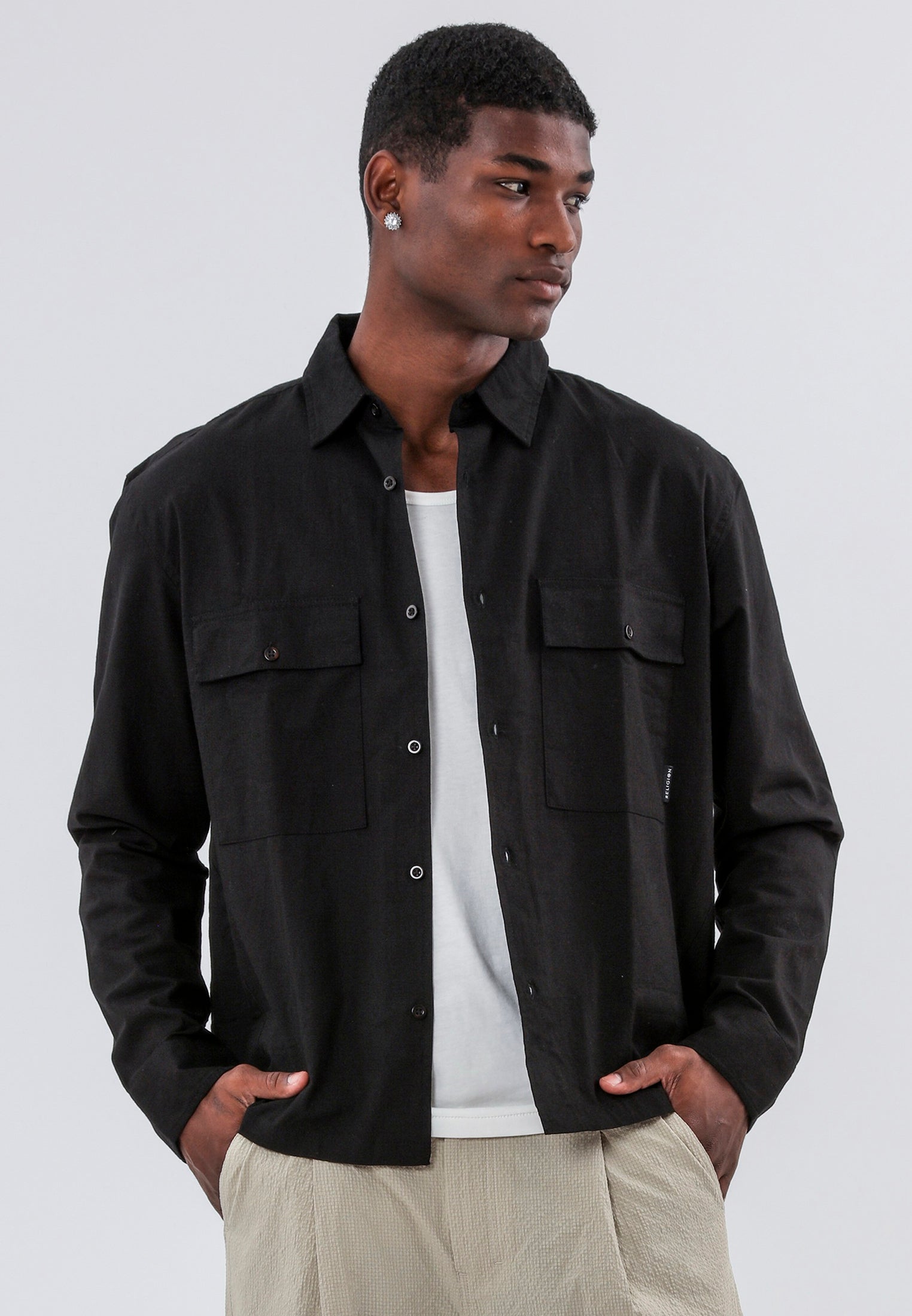 TWO POCKET RELAXED LINEN BLEND SHIRT BLACK