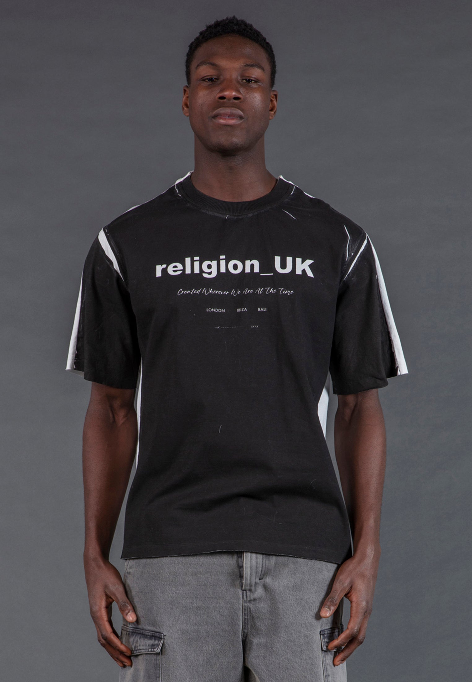 BLOCK PRINT T-SHIRT WASHED BLACK & OFF WHITE