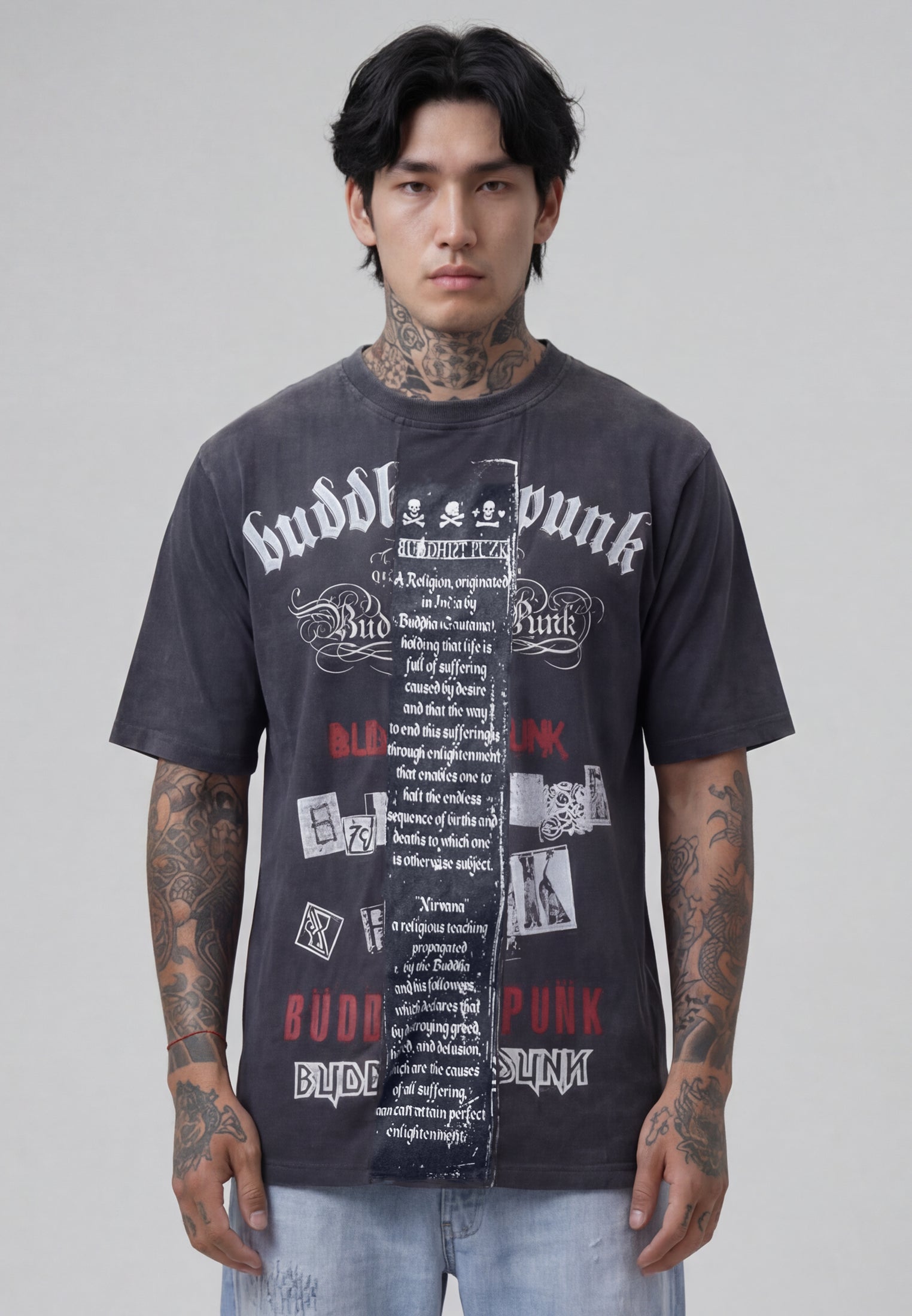 PRINTED PANEL CUT THROUGH T-SHIRT VINTAGE BLACK